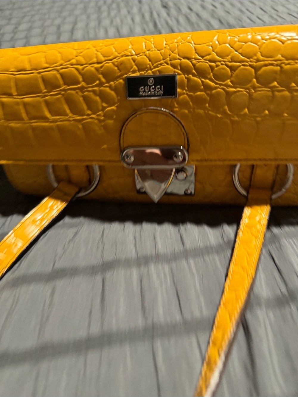 Gucci Croc-Embossed Yellow Shoulder Bag with Silver Hardware